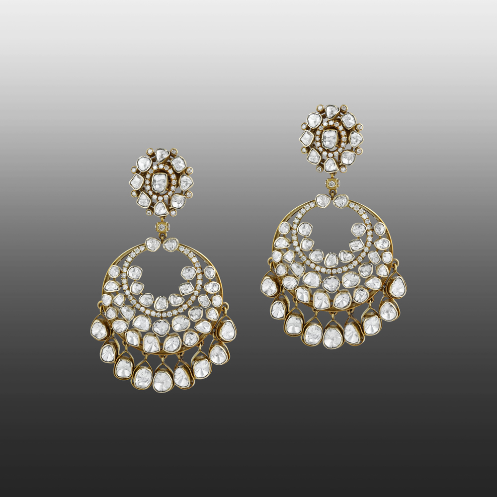 Polki Antique Chandbali Earrings with Polki Drops
